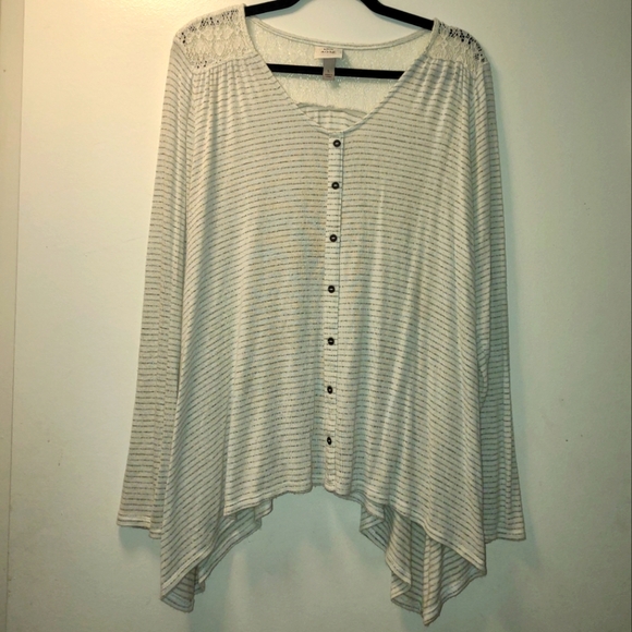 Knox Rose Tops - Women's Long Sleeve White/Grey Striped Top, L